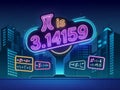 Futuristic Pi Day digital background with neon ? symbols and equations